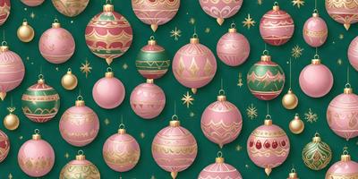 The primary subject of the image is a collection of pink and gold Christmas ornaments. These ornaments are displayed on a green background, creating a festive and holiday atmosphere. The ornaments are arranged in various patterns, showcasing their unique designs and colors. The visual style of the image is a combination of photo and digital art, resulting in a vibrant and eye-catching display of Christmas decorations.